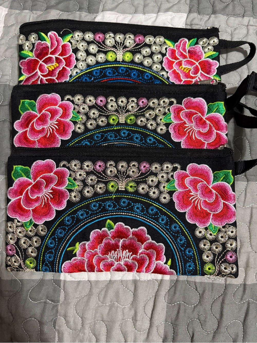 Set of 3 Black Floral Embroidered Wristlet Cosmetic Pouch - Pink Floral Design